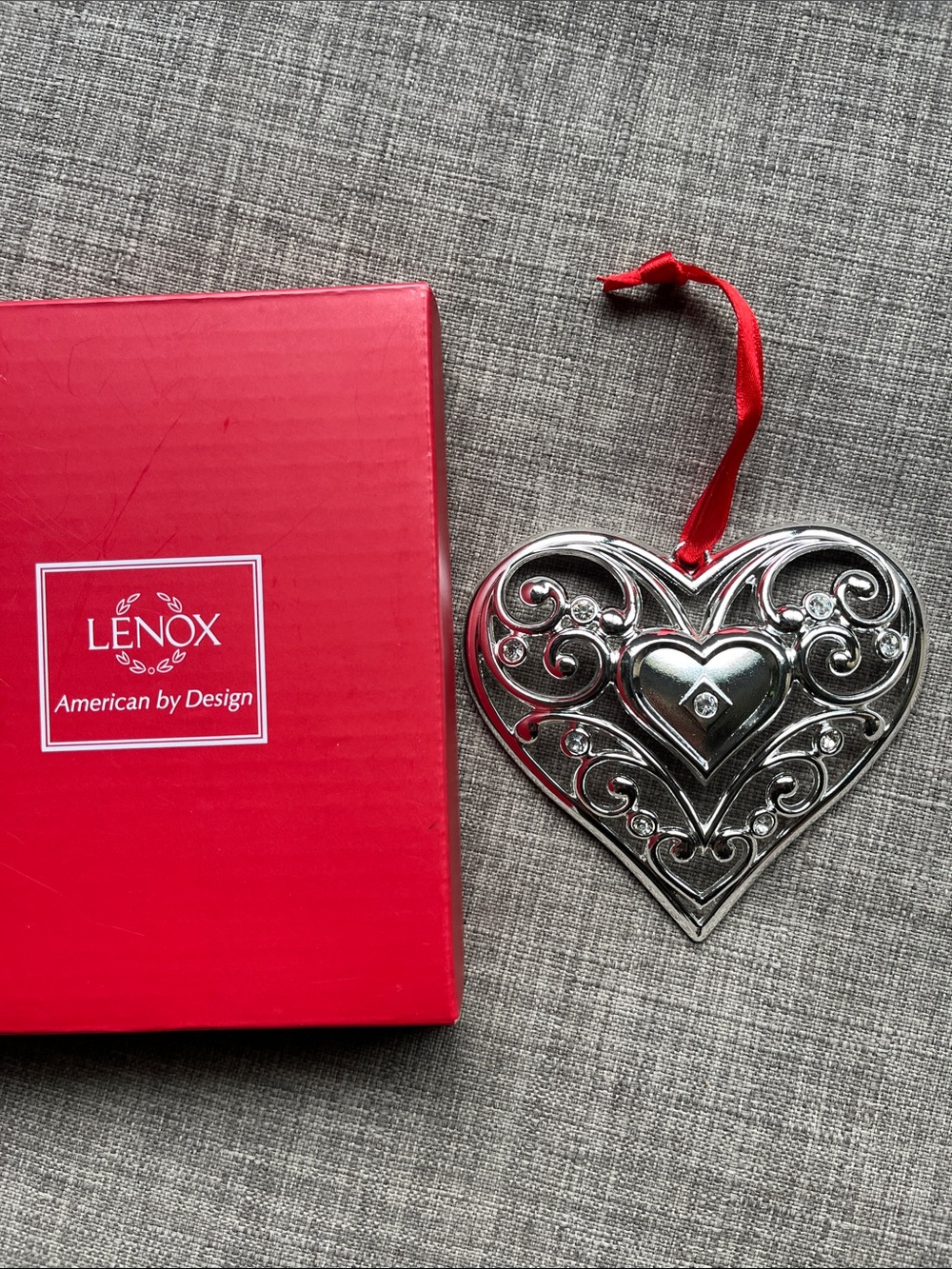 Lenox Sparkle Scroll Clear Crystal Heart Ornament Christmas Holiday Silverplated